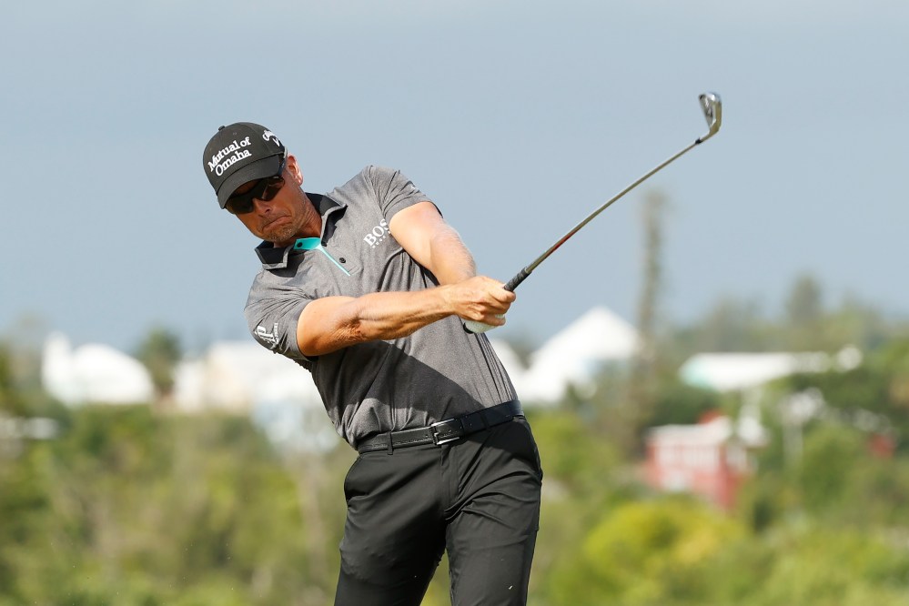 Henrik Stenson plays his shot from the tenth tee during the first round of the Bermuda Championship at Port Royal Golf Course on October 29, 2020 in Southampton, Bermuda