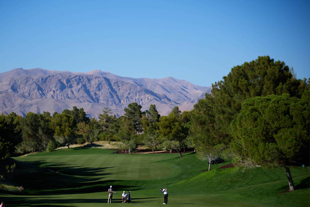 Hideki Matsuyama hits a shot on the 16th hole during the third round of the CJ Cup at Shadow Creek Golf Course