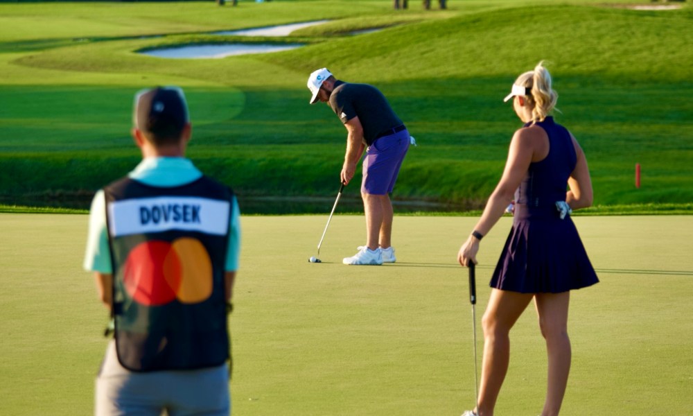 Tyrrell Hatton and Averee Dovsek and caddie at API pro-am